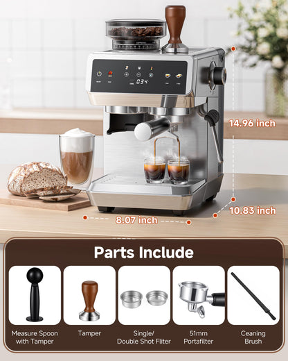 AMZCHEF Espresso Machine With Grinder, 44 Grind Settings 20 Bar Coffee Machine