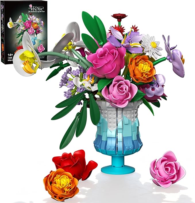 Flower Building Set with Vase Artificial Botanical Flower Set for Adults Women Home Décor Display Romantic Gift for Christmas Valentine’s Day Compatible with Lego Flower 956 PCS