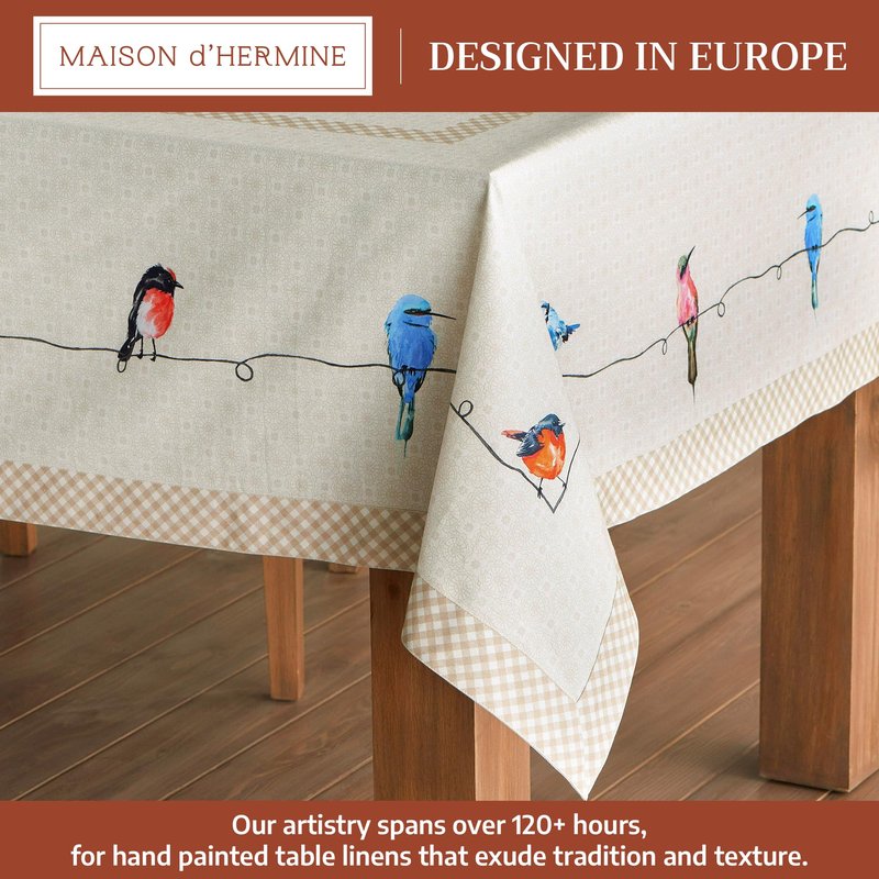 Maison d' Hermine Table Cloth Rectangle Table 100% Cotton 70 x 120 Inches Tablecloth Reusable Decorative for Dining Kitchen Room Farmhouse Home Gifts for Mothers Day Spring Summer - Birdies on Wire