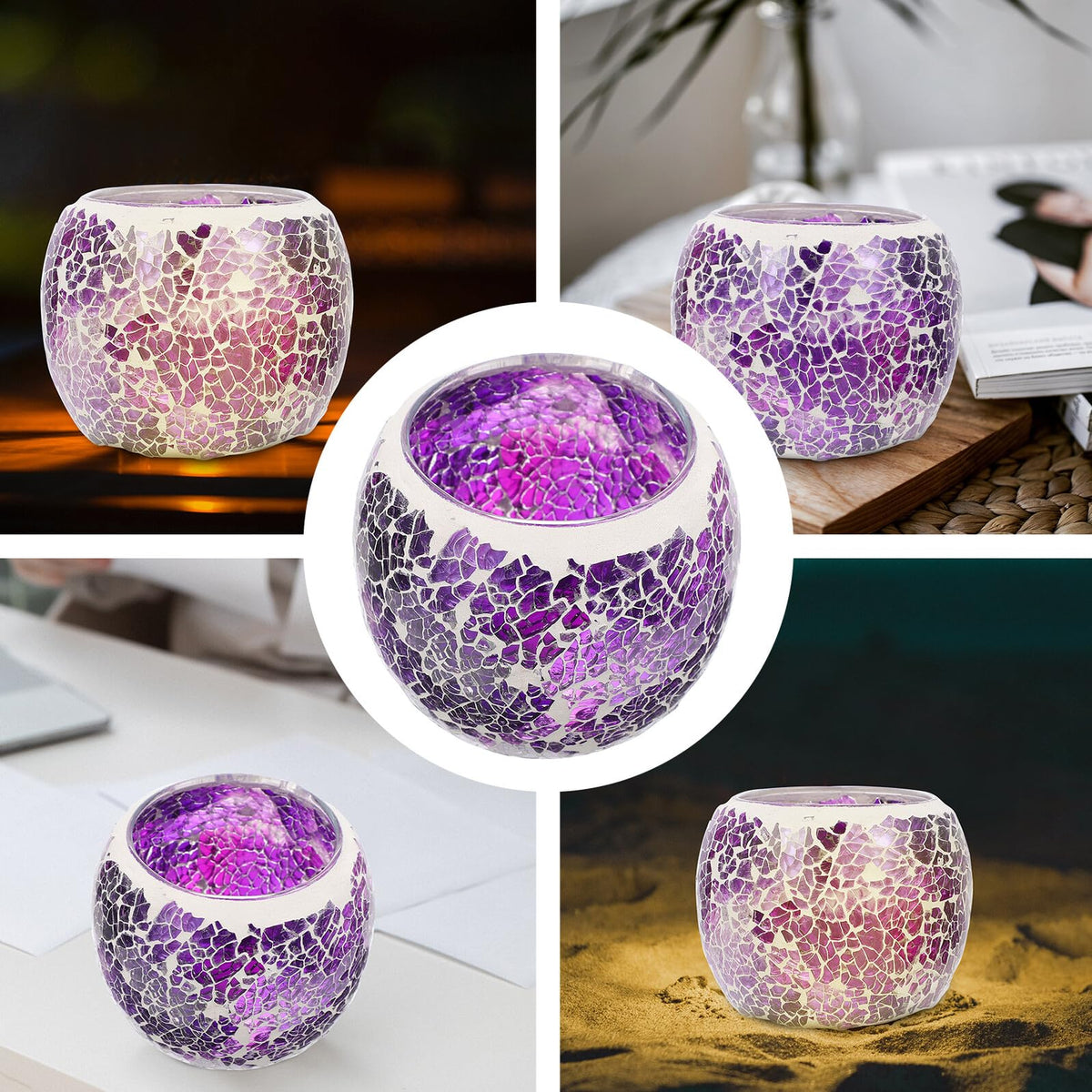 HOOTNEE European Style Mosaic Glass Candleholder, Purple Table Decor for Romantic Dining, Restaurant Candlestick, Decorative Glass Candle Stand for Home and Wedding Centerpiece