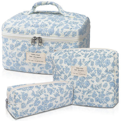 Makeup Bag, Large Quilted Cosmetic Bag, Big Floral Make Up Bag for Women Girls, Cute Cotton Makeup Bag Set, Flower Travel Toiletry Organizer Bag