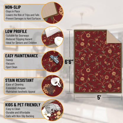 Ottomanson 5' x 6'6" Rugs for Living Room Floral Area Rug for Bedroom - Non Slip Durable Large Floor Carpet for High Traffic Areas - Indoor Rug for Dining Room Kitchen Kids Playroom, Red