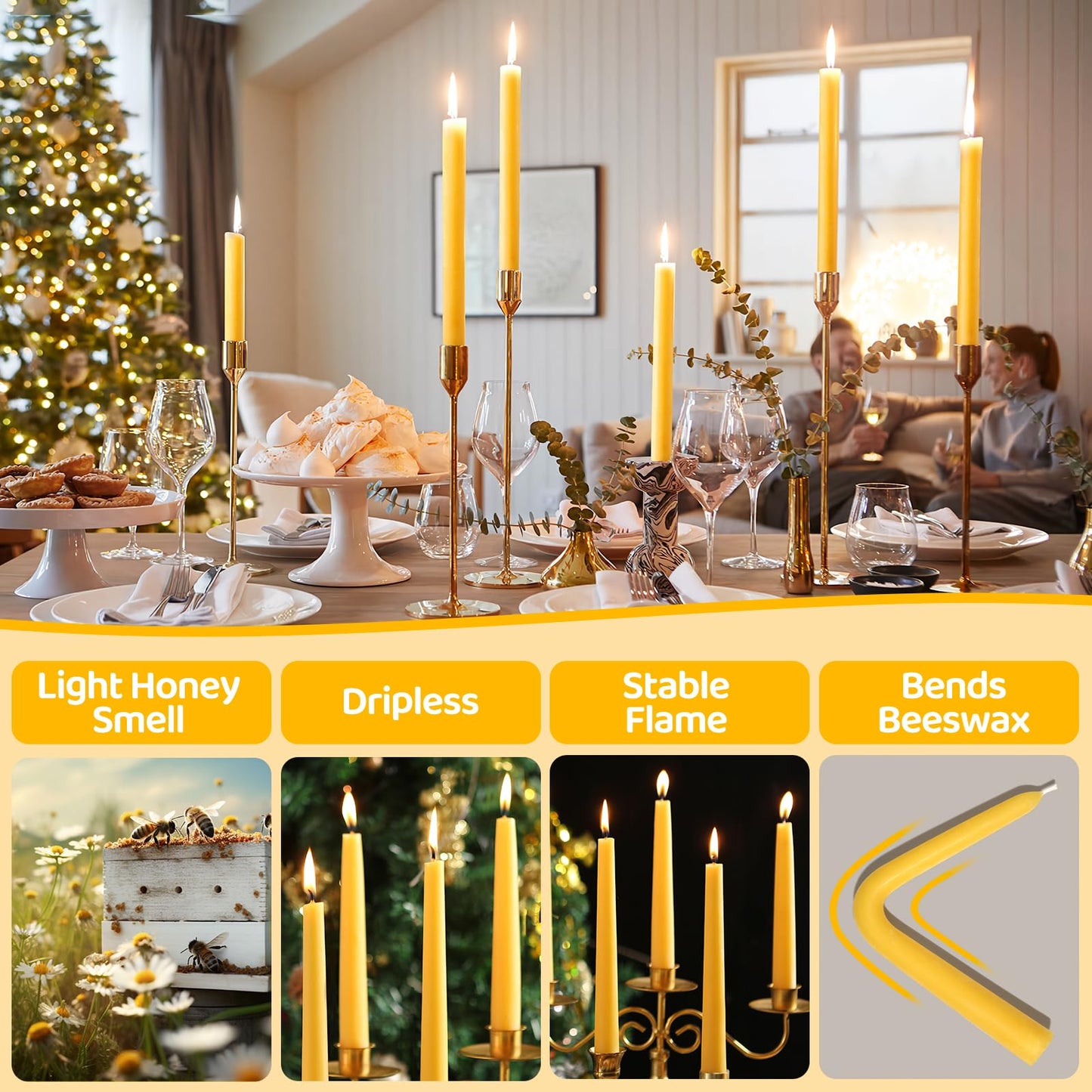 10 in Beeswax Taper Candles,12Pack Dripless Pure Beeswax Candle Sticks,9 Hours Long Burning Natural Bees Wax Candles for Home,Unscented Smokeless Tapered Candlesticks for Dinner