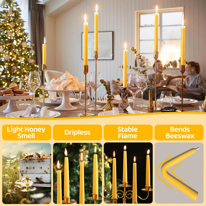 10 in Beeswax Taper Candles,12Pack Dripless Pure Beeswax Candle Sticks,9 Hours Long Burning Natural Bees Wax Candles for Home,Unscented Smokeless Tapered Candlesticks for Dinner
