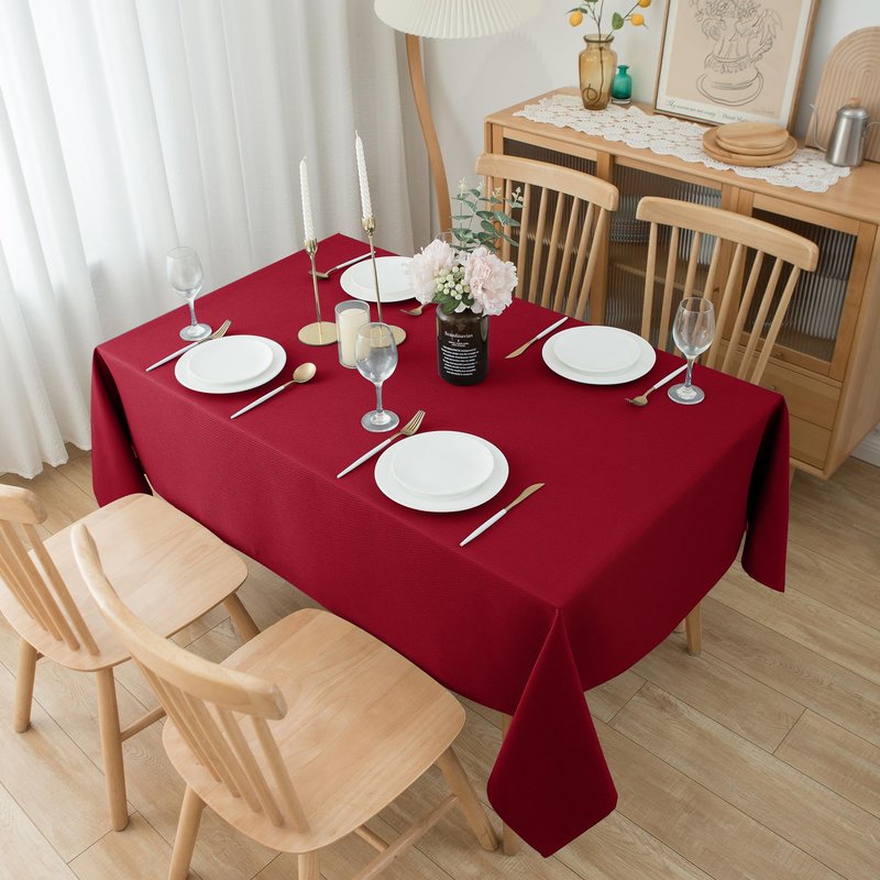 Biscaynebay Textured Fabric Christmas Rectangle Table Cloth 90x132 Inch, Red Water Resistant Tablecloths for Dining, Kitchen, Wedding and Parties, Machine Washable