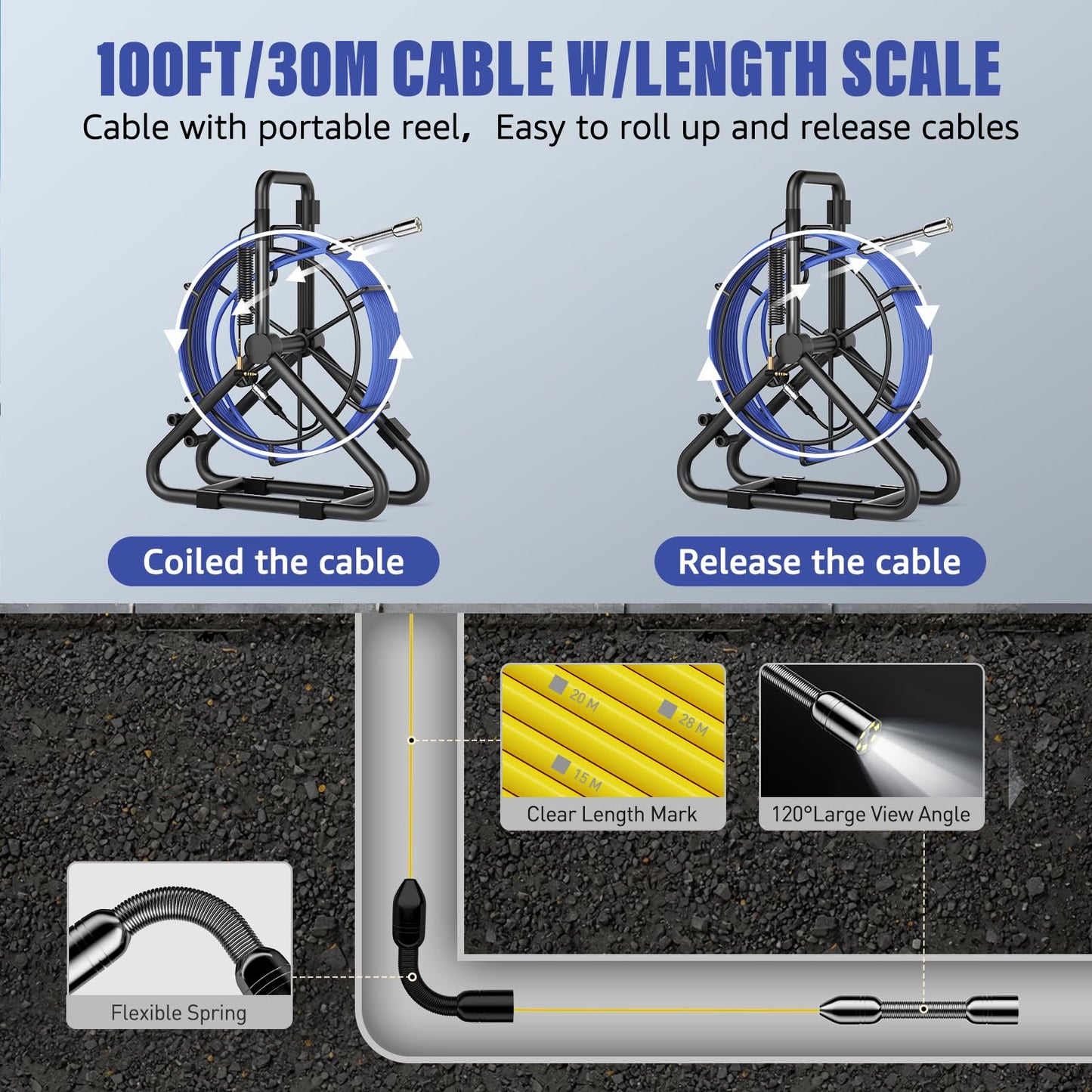 Sewer Camera 100FT/30M, Drain Camera with Light, Plumbing Snake Cam with DVR Pipe Video Inspection,5" Color HD Duct Chimney Sewer Inspection Cam for Sewer Line, Drain, Duct, Plumbing