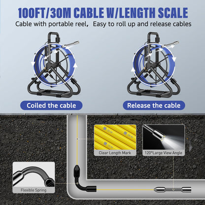 Sewer Camera 100FT/30M, Drain Camera with Light, Plumbing Snake Cam with DVR Pipe Video Inspection,5" Color HD Duct Chimney Sewer Inspection Cam for Sewer Line, Drain, Duct, Plumbing