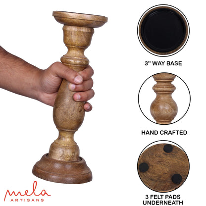 Mela Artisans 6”, 9” & 12” Mango Wood Pillar Candle Holder Set of 3 – Tuli Design Medium Polish – Wooden Candle Holders for Table, Mantel & Living Room Décor