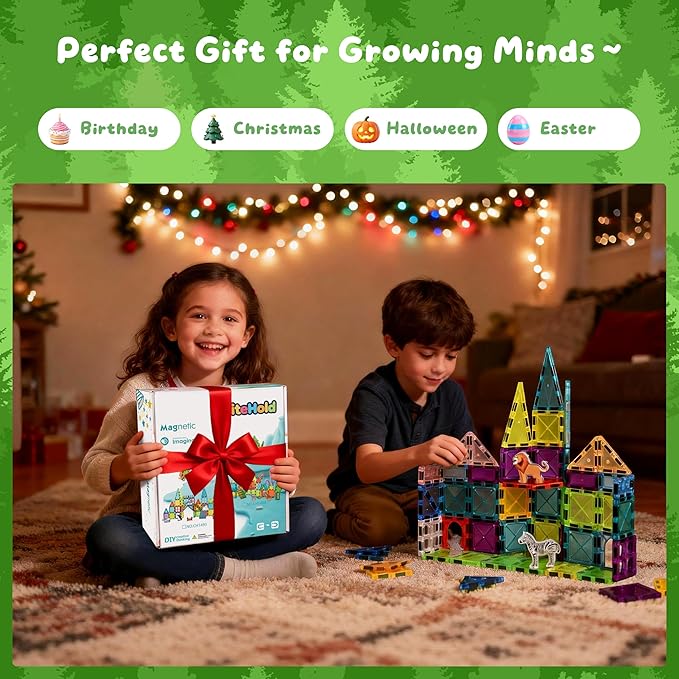 Magnetic Tiles for Kids 62PCS Magnatiles Building with Storage Bag Set Toddler Construction STEM Small Travel Tiles Micro Toys for Kid Ages 3 4 5 6 7 8 9 10 Preschool Boys Girls Birthday