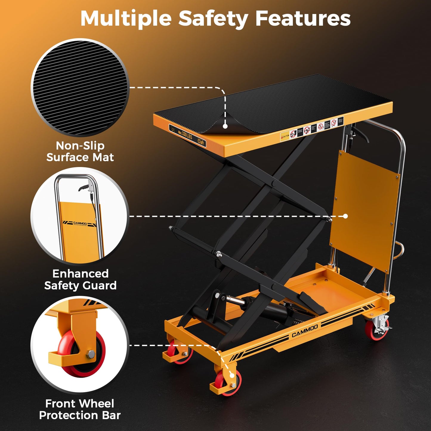 CAMMOO Hydraulic Lift Table Cart, 330lbs Capacity 49.6" Lifting Height, Double Scissor Lift Table with Non-Slip Pad & Safety Guard for Material Handling & Transportation, Yellow