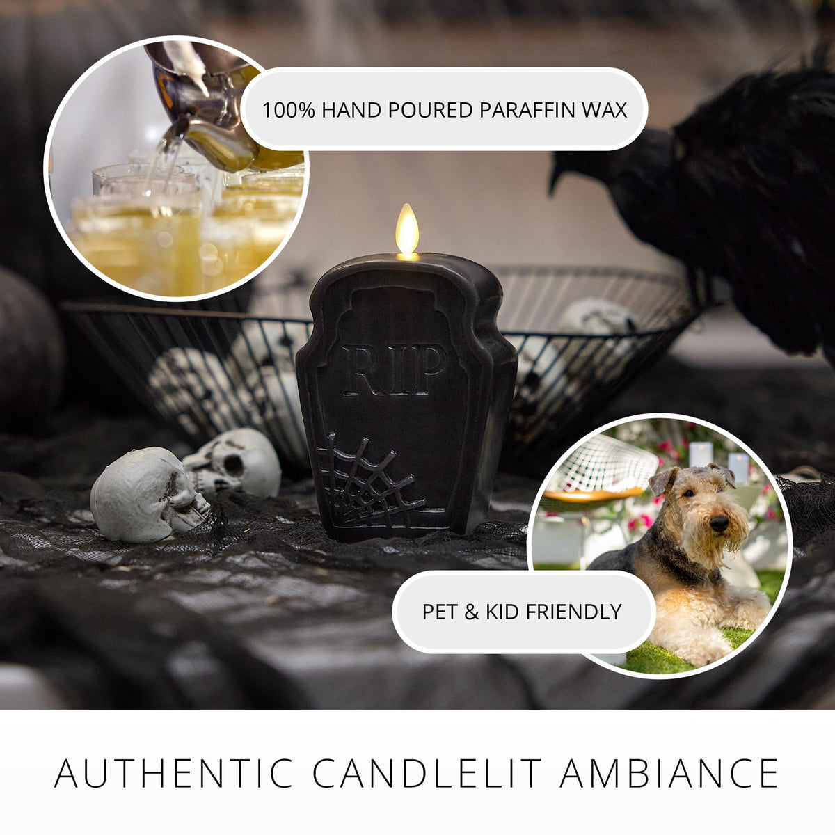Luminara Black Flameless Candle RIP Tombstone Figural (2" x 5.5") Moving Flame Battery Operated LED Candle Lights Halloween Decoration