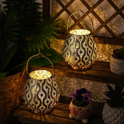 TRIROCKS Set of 2 Moroccan Decorative Lamps 8'' High Cordless Lamp Metal Table Lamps with Fairy Lights Bulb for Home Living Room Garden Yard Party Events Tabletop Indoor Outdoor(Gold)