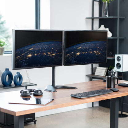 VIVO STAND-V002F Dual LED LCD Monitor Free-Standing Desk Stand for 2 Screens up to 27 Inch Heavy-Duty Fully Adjustable Arms with Max VESA 100x100mm