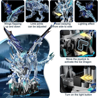 Mechanical Ice Dragon Building Block Toy Kit with LED Light Movable Linkage Gears Display Stand - Fantasy Dragon Model Kit for Teens &amp Adults 1646 PCS