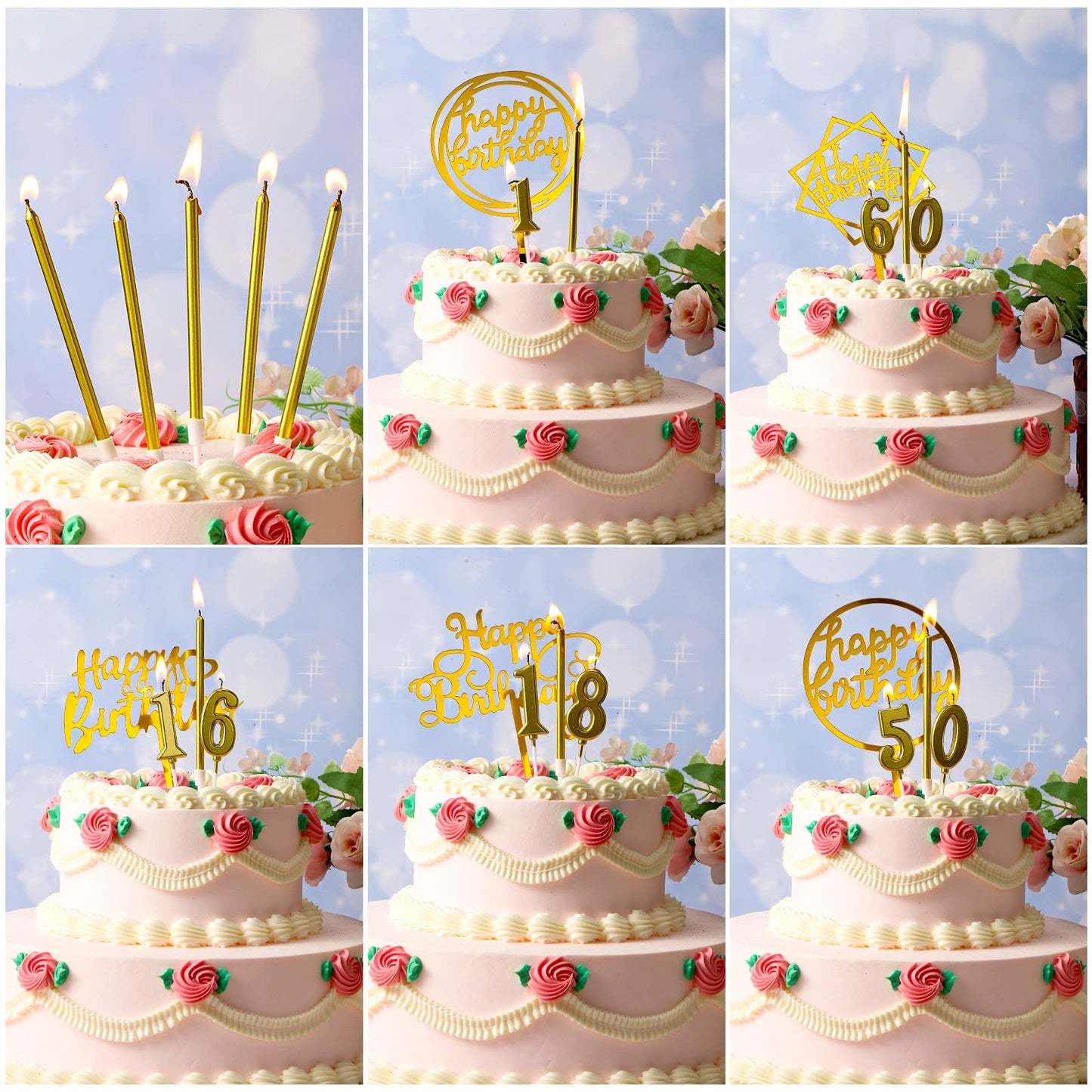 Shihanee 84 Pcs Birthday Cake Toppers Decorations Long Thin Metallic Birthday Candles Bulk Number Candles 0-9 DIY Cake Decor for Wedding Anniversary Party(Gold)