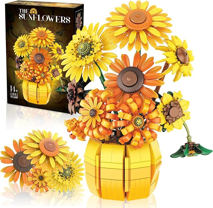Van Gogh Sunflower Building Set Adjustable Flowers Bouquet for Adults Teens 1009PCS Botanical Collection Compatible with Lego Home Decor Gift for Any Occasion