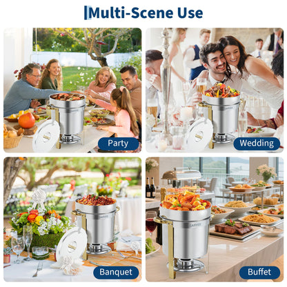 7QT Commercial Soup Warmer, 2 Pack Stainless Steel Round Soup Chafer with Pot, Notched Lids & Fuel Holders, Food Warmer for Buffets Parties Wedding Banquets Catering, Gold