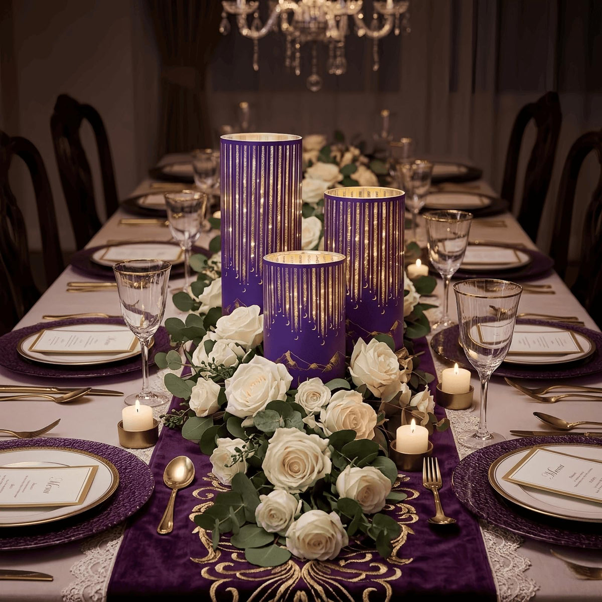 Ashroder Starry Night Elegant Hurricane Candleholders with LED Flickering Lights & Remote Timer, Decorative Glass Hurricanes for Indoor Table Centerpieces & Year-Round Home Decor, Set of 3 (Purple)