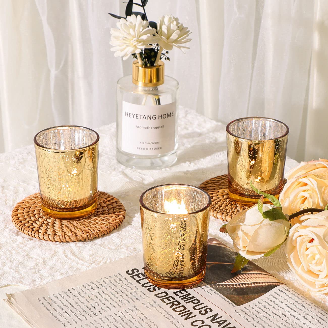 DEVI Gold Votive Candle Holders 24 Pcs, Mercury Tealight Candle Holder Glass, Gold Wedding Centerpieces for Table Decorations, Valentine Diwali Party Bridal Shower Decorations