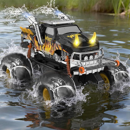 1:16 Waterproof Monster Truck Toys RC Car Amphibious rc Cars Water Blaster Trucks 60+ Min Runtime with 2 Batteries 360 Spin 4WD All Terrain Off-Road Pickup Toy for 4-12 Year Old Kids Gifts Presents