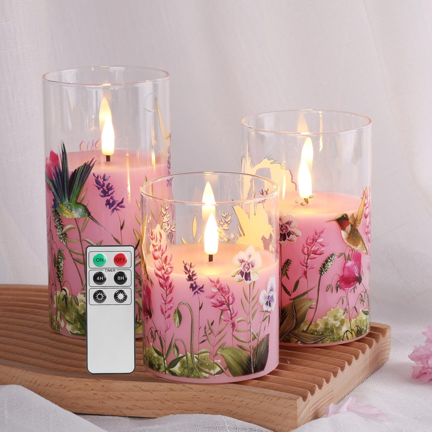 Eywamage Pink Hummingbird Floral Glass Flameless Candles with Remote, Flickering Battery LED Pillar Candles Set of 3, Spring Home Decor