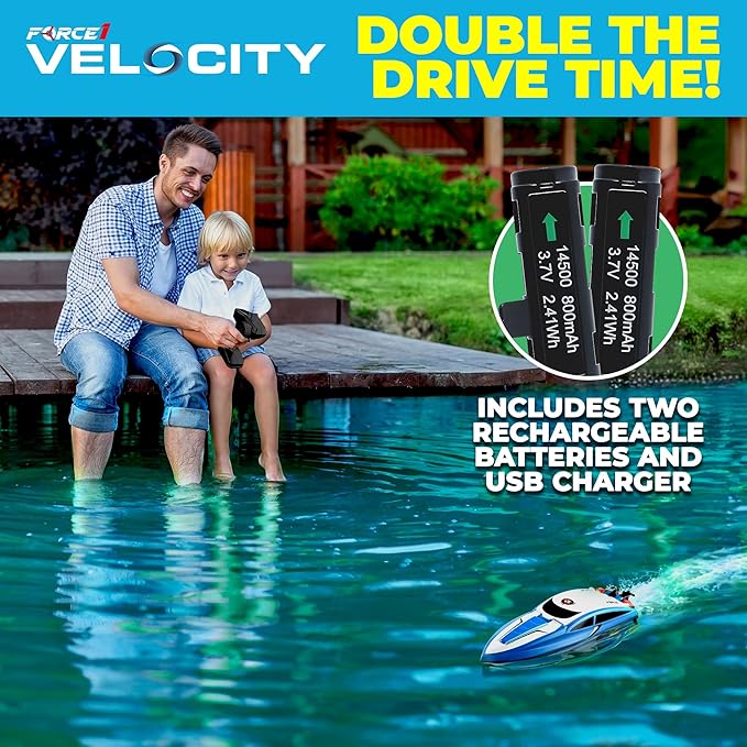 Force1 Velocity Blue Fast RC Boat- Remote Control Boats for Adults and Kids Underwater Speed Racing Mini RC Boats for Pools and Lakes 2.4GHZ Transmitter 2 Rechargeable Batteries Low Battery Alert