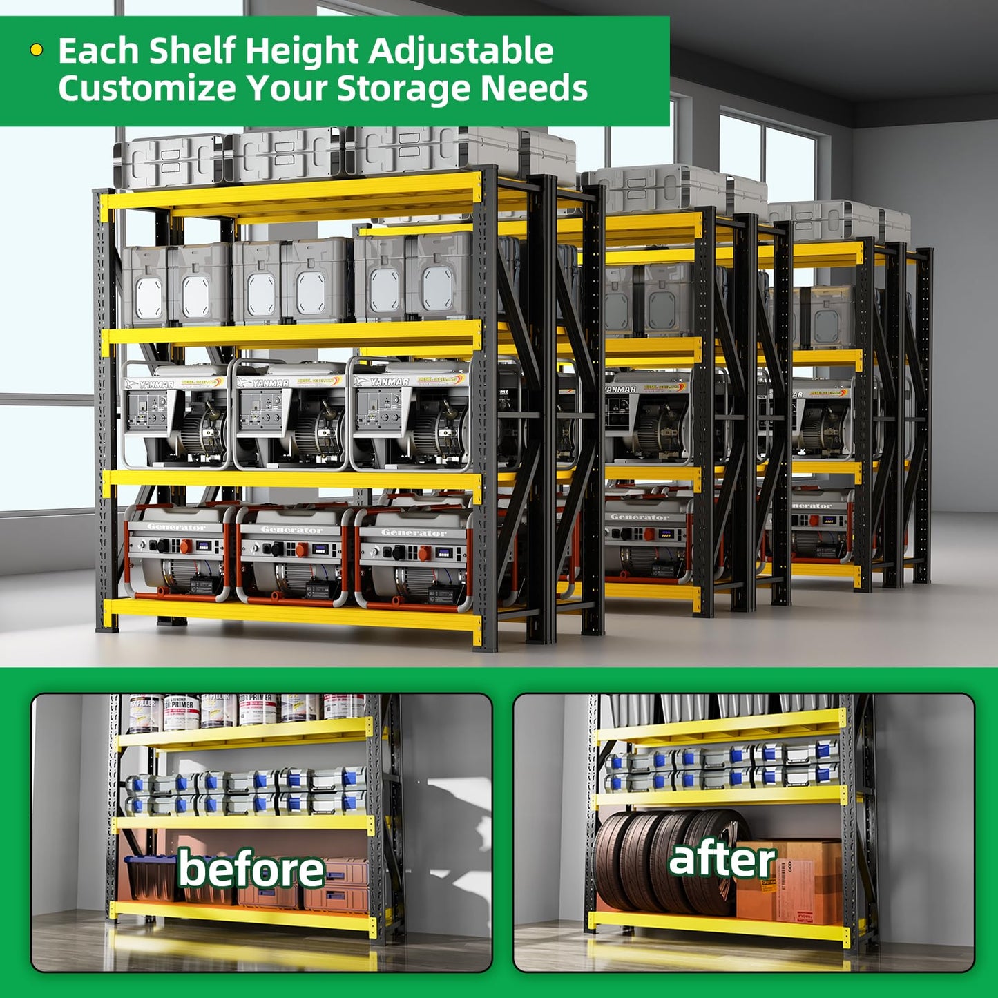 Qxdyt 3000LBS Heavy Duty Storage Shelves,78''H Metal Garage Shelving, 4-Tier Adjustable Garage Organization Shelving Units, Industrial Shelving for Warehouse,Workshop- Black & Yellow