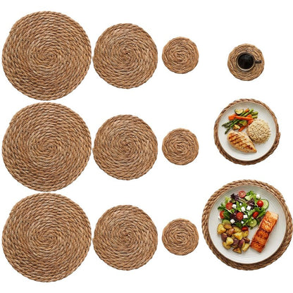12 Pcs Round Straw Woven Coasters and Trivets Set, 4" Absorbent Drink Coasters, 7" 10" Heat Resistant Trivets for Hot Dishes Boho Farmhouse Table Mat for Bowl, Pan, Kitchen Dining Decor Party Supplies