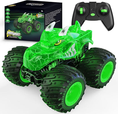 Remote Control Car 2.4GHz Monster Trucks Toys with Light Spray Birthday Gift for Kids 3 4 5 6 7 8 All Terrain RC Cars Toddler Toys for Boys Girls 3+ Year Old (Dinosaur-Green)
