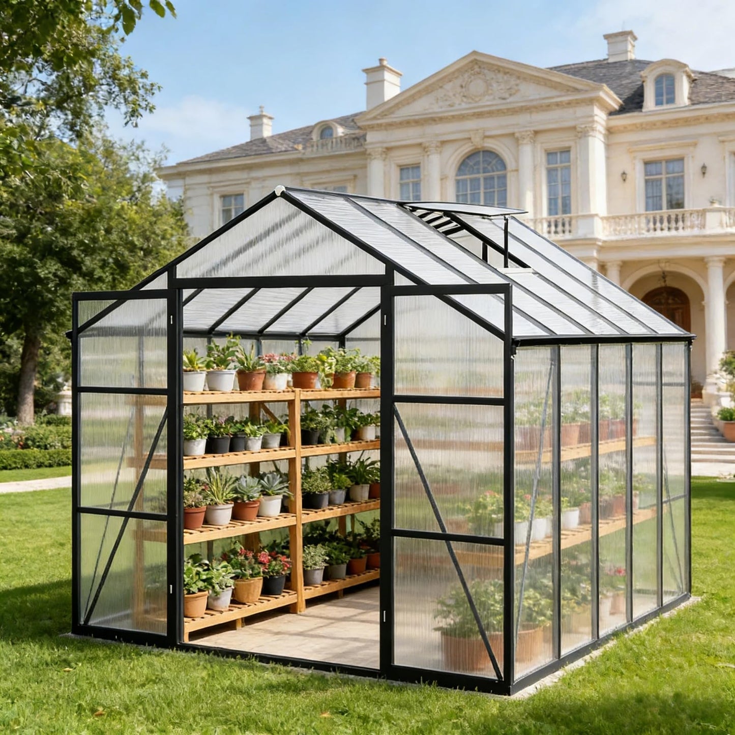 Trygoal 8x10 FT Greenhouse, Walk-in Outdoor Heavy Duty Polycarbonate Greenhouses with Aluminum Frame, High Headroom, UV Protection & Drainage System for Backyard All Season Growing, Black