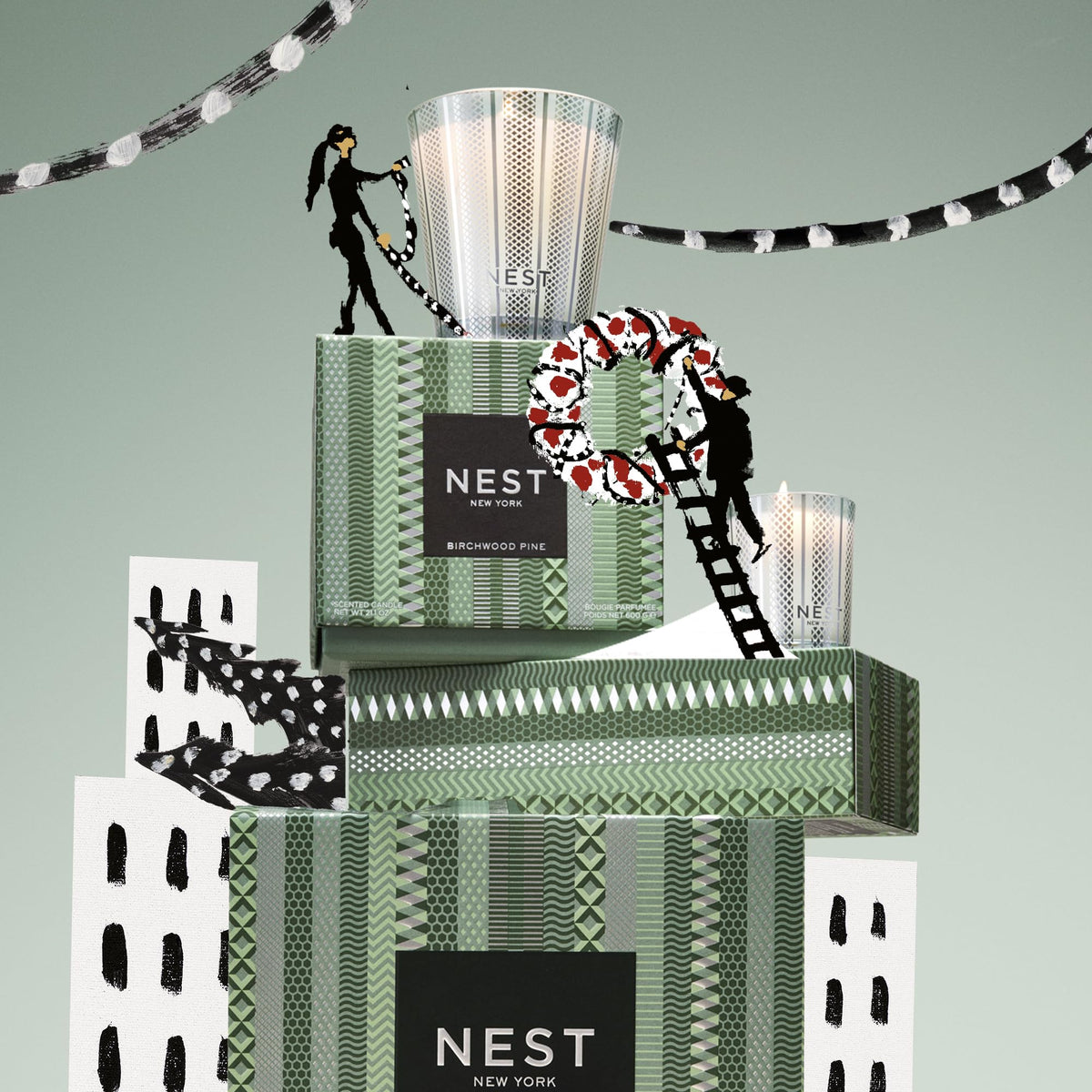 NEST New York Scented Classic Christmas Tree Candle, Birchwood Pine - 8.1 oz - Up to 60-Hour Burn Time - Reusable Glass Vessel