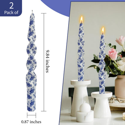 Flowers Printed Spiral Candles Unscented Twisted Candlestick Smokeless 2 PCS Blue Long Taper Candle 10 inch Twisted Candle Sticks Tapered Candles for Home Wedding Dinner Holiday Party