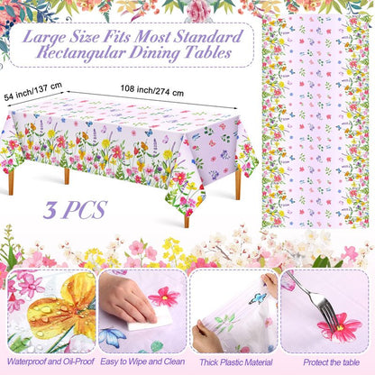 Oudain 3 Pcs Easter Tablecloth Decorations - 54×108 Inch Spring Flower Disposable Plastic Waterproof Pastel Garden Floral Table Cover Runner Rectangular for Easter Brunch Baby Shower Wedding Party