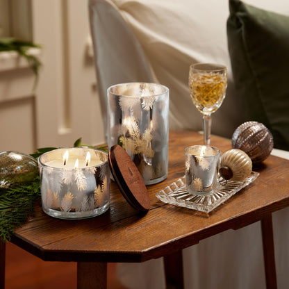 Thymes Frasier Fir Candles - Statement Collection - Silver with Pine Needle Design - Scented Candles for Home Decor - Notes of Siberian Fir Needles, Cedarwood & Sandalwood - 3 Wick (12.5 oz)