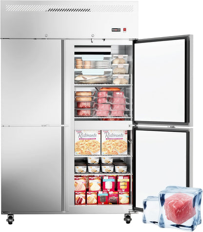 48"W Commercial Freezer 4 Door Stainless Steel Reach-in Solid Door Upright Fan Cooling 36 Cu.ft 2 Section Freezer -8-1°F for Restaurant, Bar, Shop