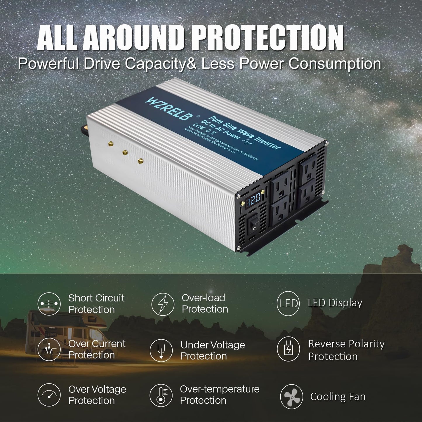 WZRELB 2000W Pure Sine Wave Inverter 12V DC to 110V 120V AC Power Converter with LED Display, Off-Grid Portable Power Inverter with 4 AC Outlets for Home, RV, Truck, Camping