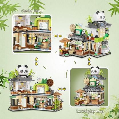 Street View Tea Shop Mini Building Blocks MOC Creative Building Toys Cute Panda Animals Building Set for Girls 6-12 Simulation Architecture Construction Toy Gift Idea for Kids Adults (860PCS)
