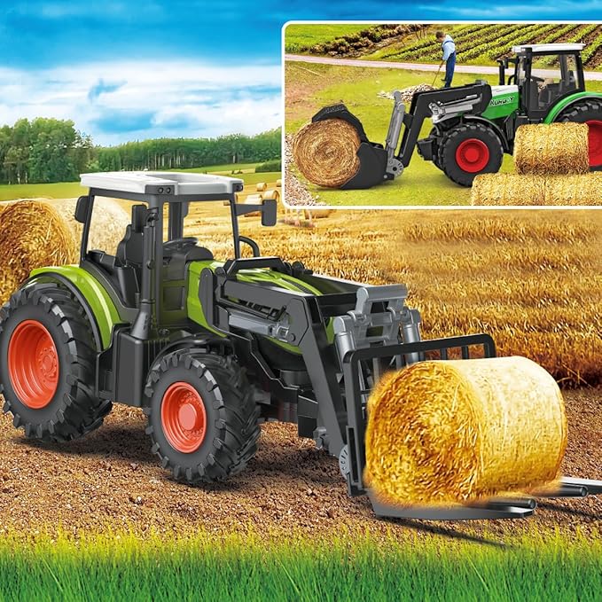 Remote Control Tractor Farm Playset 2.4Ghz Electronic RC Tractor with Trailer and Timber Truck Farm Toys Set with Wood Grabber Multifunctional headers Farmers for Kids Age 3 4 5 6 Years Old