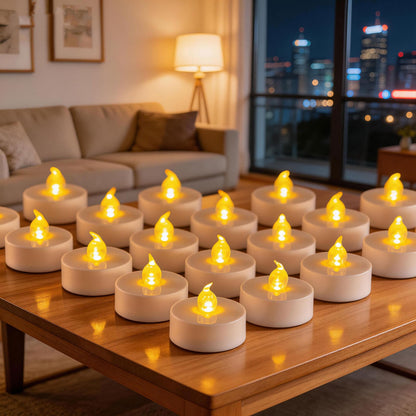 Battery Operated Led Tea Lights Candles:50 Pack Flameless Electric Fake Candle, Realistic and Bright Flickering Votive Tealights, Long Lasting 200+Hours,for Wedding,Party,Home Decoration (Warm Yellow)