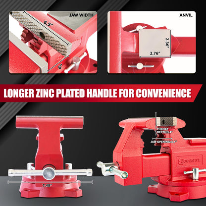 COGNATIVE 6.5" Heavy-Duty Ductile Iron Bench Vise 360° Swivel Bench Vise with Anvil, Red and 6" Vise Jaws