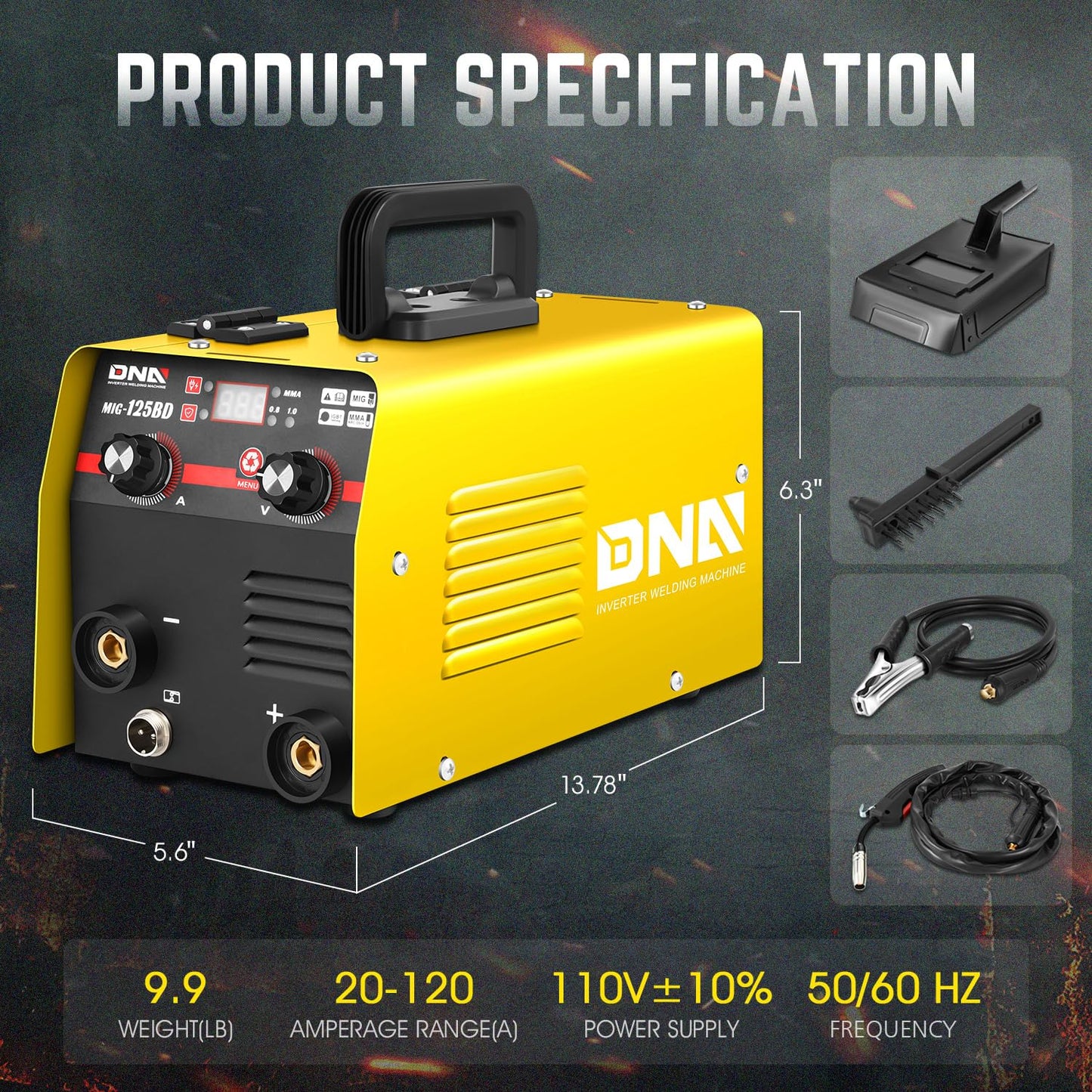 DNA Motoring 125A/110V Flux Core MIG Welder, Gasless MIG/Lift TIG/Stick Welder, 3 in 1 Portable Welding Machine, IGBT Inverter Welder for Home DIY, Garage, w/LED Digital Display, Yellow, TOOLS-00379