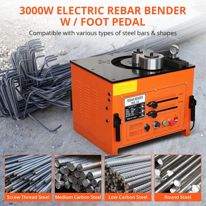3000W Electric Rebar Bender, High-Speed 6-7 Seconds Bending Machine, Accurate 0-180° Portable Rebar Bender Tool for 1/4 to 1.3 Inch Steel Bar with Foot Pedal