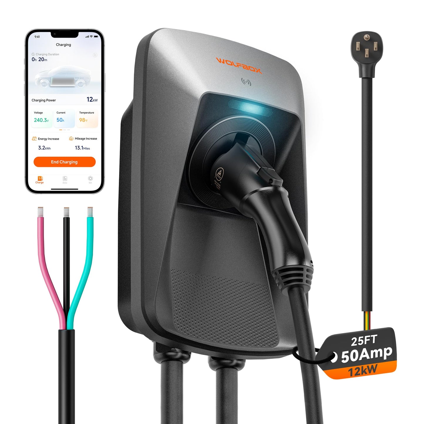 WOLFBOX Level 2 EV Charger 50 Amp J1772,Hardwired EV Charger Level 2 with NEMA 14-50 Plug 25ft Cable,Indoor/Outdoor,Smart APP&RFID Card Control,240V Electric Car Charger for Electric Automobile(WE50)