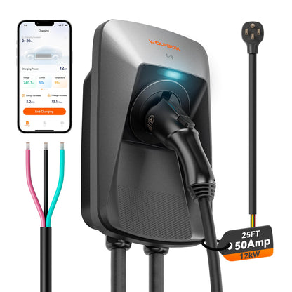 WOLFBOX Level 2 EV Charger 50 Amp J1772,Hardwired EV Charger Level 2 with NEMA 14-50 Plug 25ft Cable,Indoor/Outdoor,Smart APP&RFID Card Control,240V Electric Car Charger for Electric Automobile(WE50)