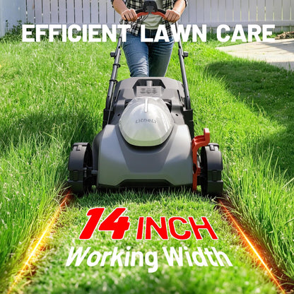 Litheli 14 Inch Cordless Lawn Mower, Brushless Battery Powered Push Mower with 5.0Ah Battery, 5-Position Height, 9-Gallon Bag, Lightweight Grass Cutter for Small to Mid-Sized Yards