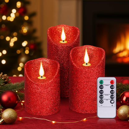 Retisee Set of 3 Valentines Glitter Flameless Candles, 4" 5" 6" Burgundy Red Operated Battery Pillar Candles Flickering Real Wax LED Candle with Remote and Timer for Valentines Home Table Centerpiece