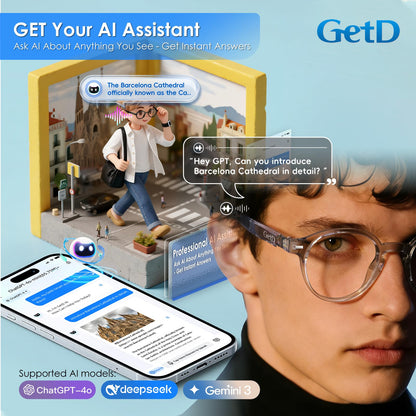 GetD 2026 AI Smart Glasses for Men & Women - Powered by ChatGPT with Real-Time 145-Language Translation, 11H Music/9H Calls, Electro-Gray Translucency & Blue Light Blocking for Travel and Daily Use