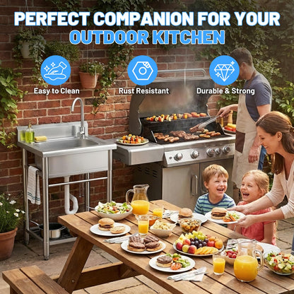 Utility Sink Free Standing Single Bowl Kitchen Sink with Cold and Hot Water Pipe Stainless Steel Sink for Garage Shop Laundry Room Basement Garden Farmhouse Mens Gifts Ourdoor Indoor fregadero