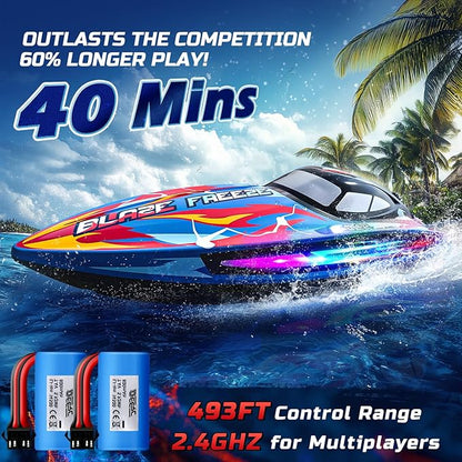 DEERC Fast RC Boat for Pool &amp Lake 20+MPH 40+ Mins Self Righting Remote Control Racing Speed Boat for Kids 2.4Ghz Summer Water Toy Gift