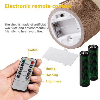 AKU TONPA Flameless Candles Battery Operated Pillar Real Wax Electric LED Candle Gift Set with Remote Control and Timer, 4" 5" 6" Pack of 3, Ivory Wax with Hemp Rope